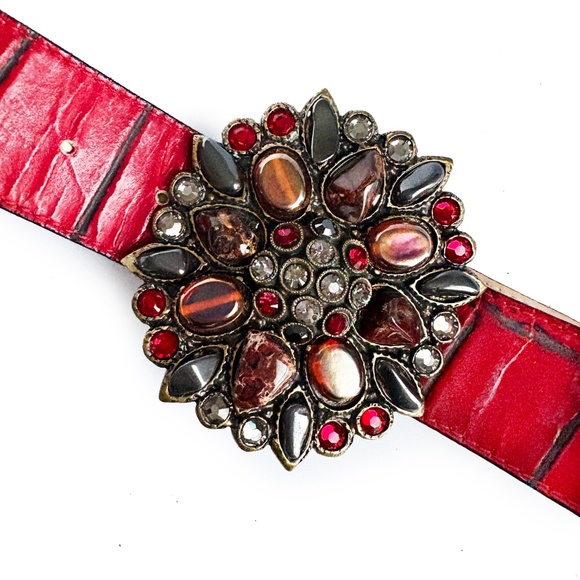 Leatherock Wide Belt Gem Embellished Buckle Red Croc Stamp Leather Strap Size 32 - Picture 1 of 11